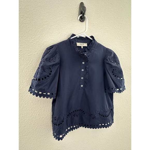 Sea New York Santos Eyelet Blouse Navy Blue Ruffle Puff Sleeve Cotton Top Small - Picture 3 of 8